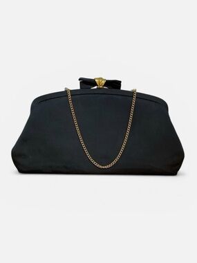 Vintage Handbag Clutch Bow Clasp Black Evening Gold Tone Purse Bag